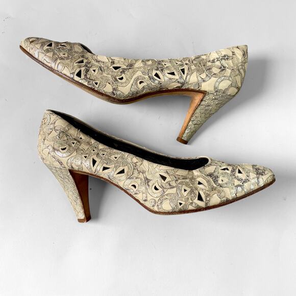 80s Andrea Pfister Lace Openwork Pumps Vintage Metallic Leather sz. 7 Snakeskin - Picture 1 of 9